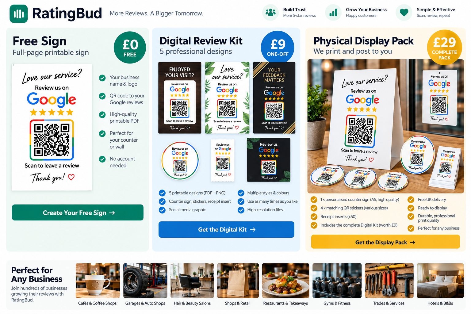 Examples of review poster, counter card, sticker and receipt designs